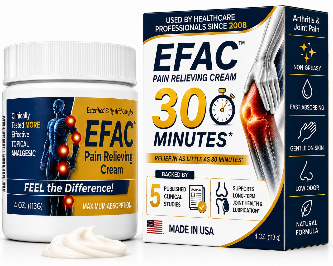 EFAC Pain Relieving Cream 4 oz with packaging highlighting 30-minute relief and five published clinical studies
